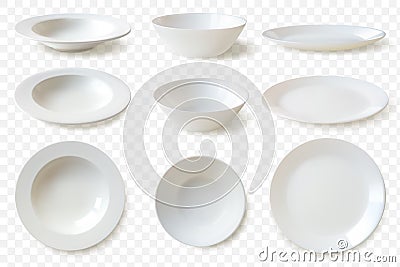 Realistic plates set. set of nine isolated white porcelain plates vector mockup in a realistic style on transparent Vector Illustration