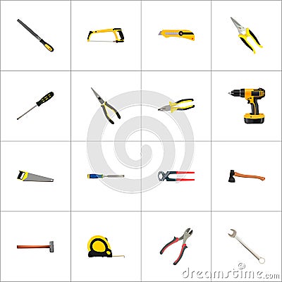 Realistic Pliers, Handle Hit, Hatchet Vector Elements. Set Of Instruments Realistic Symbols Also Includes Noise, Hacksaw Vector Illustration