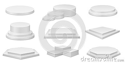 Realistic podium. 3d geometric stage, circle empty white stand. Showroom mockup, presentation or winner podiums Vector Illustration