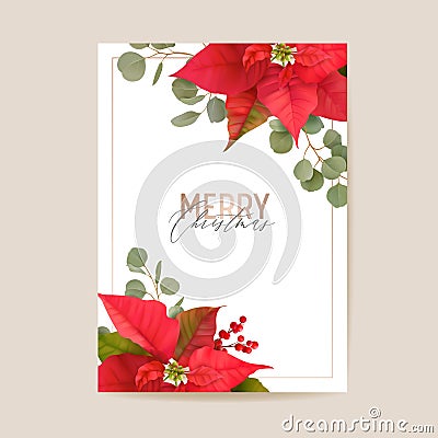 Realistic Poinsettia 3d Flowers Winter Card, Merry Christmas Vector Greetings. New Year Holiday Party Invitation Vector Illustration