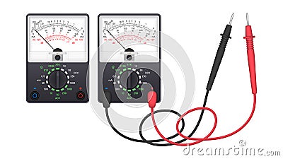 Realistic pointer multimeter with set of probes. Vector Illustration