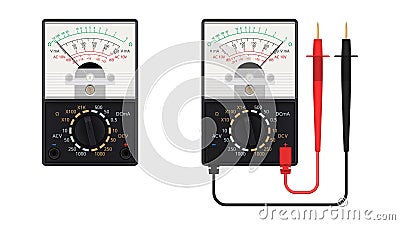Realistic pointer multimeter with set of probes. Vector Illustration
