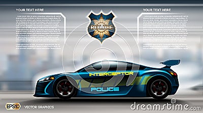 Realistic Police car futuristic concept Infographic. Urban city background. Online Cab Mobile App, Cab Booking, Map Vector Illustration