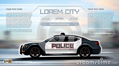 Realistic Police car Infographic. Urban city background. Online Cab Mobile App, Cab Booking, Map Navigation e-commerce Vector Illustration