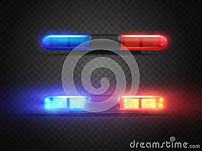 Realistic police led flasher set. Red and blue lights. Transparent beacon for emergency situations. Vector Illustration