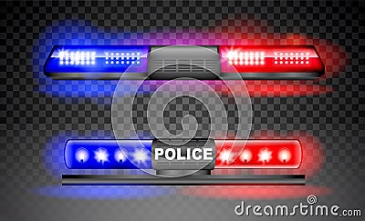 realistic police siren light beacon flasher isolated, emergency light red blue siren, led flasher set siren police. Vector Illustration