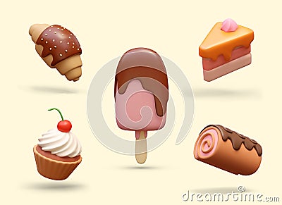 Realistic popsicle with topping, cupcake with cherry, croissant, piece of cake, Swiss roll Vector Illustration