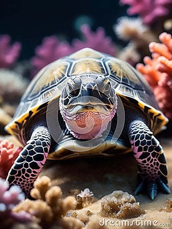 Portrait of beautiful turtle on realistic coral reef Stock Photo