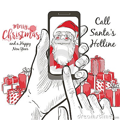 A realistic portrait of Santa Claus calling using smartphone screen. Vector Illustration