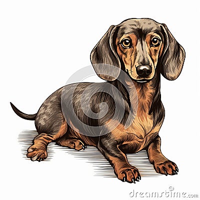 Realistic Portrait Of A Sitting Dachshund Dog With Detailed Shading Cartoon Illustration