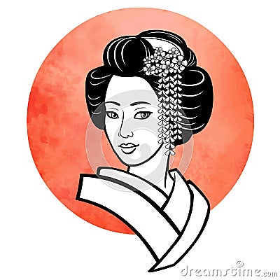 Realistic portrait of the young Japanese girl an ancient hairstyle. Geisha, maiko, princess. Vector Illustration