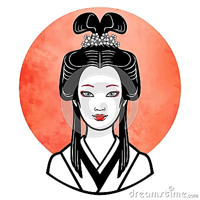 Realistic portrait of the young Japanese girl an ancient hairstyle. Geisha, maiko, princess. Vector Illustration