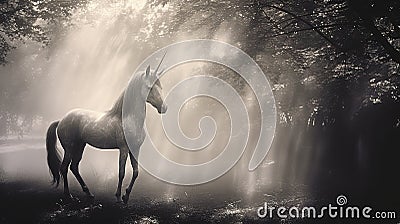 Realistic Portrayal Of Light And Shadow: A Unicorn In The Fog Stock Photo