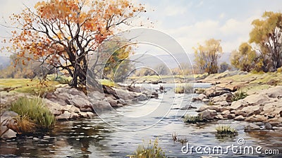 Vintage Oil Painting Of A River With Star Elm Stock Photo