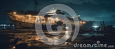 Realistic post apocalypse gigantic warship at night panorama Stock Photo