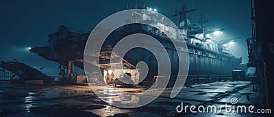 Realistic post apocalypse gigantic warship at night panorama Stock Photo