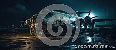 Realistic Post Apocalypse Landscape - abandoned war plane an night airfield Stock Photo