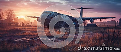 Realistic Post Apocalypse Landscape illustration - abandoned Airliner an airfield, sunrise Cartoon Illustration