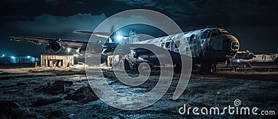 Realistic Post Apocalypse Landscape illustration - abandoned war plane an night airfield Cartoon Illustration