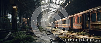 Realistic Post Apocalypse Landscape - subway train at big station Stock Photo