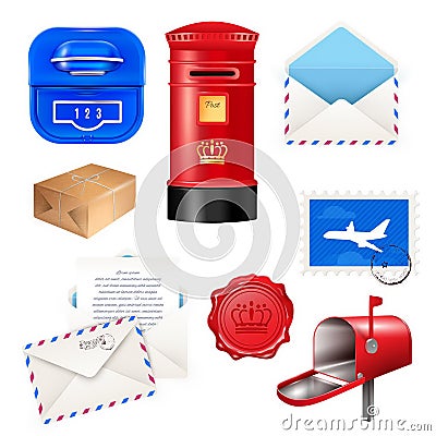 Realistic post mailbox letter set with isolated images of various parcel post packages boxes and envelopes vector illustration Vector Illustration