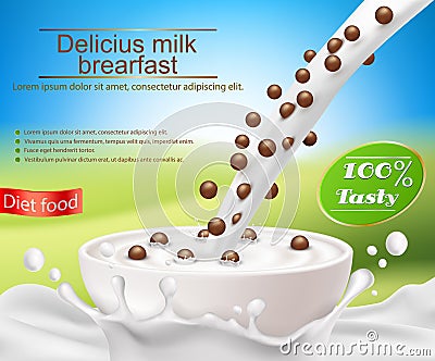 realistic poster with a milk splash and milk pouring into a cup with a cereal breakfast, chocolate cereal balls Stock Photo