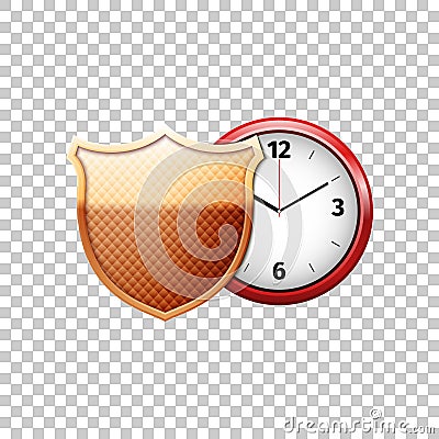 Realistic Protected guard shield and classic red clock isolated object on transparent background. Saving time concept Vector Illustration