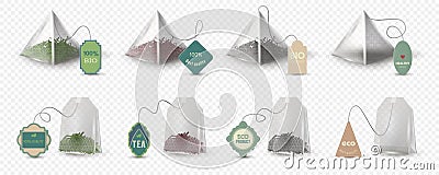 Realistic pyramid and rectangular green, red and black tea bags with tags. Empty 3d teabag mockup with labels for herbal Vector Illustration