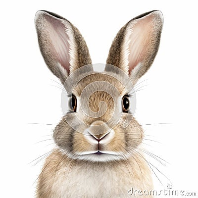 Realistic Rabbit Portrait On White Background - High Detail Digital Airbrushing Stock Photo