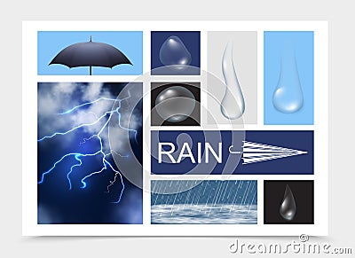 Realistic Rain Elements Composition Vector Illustration