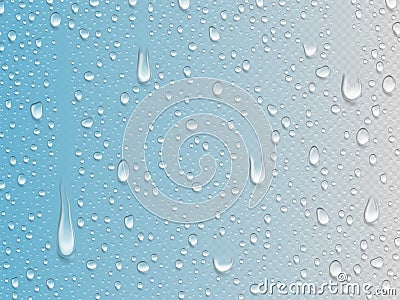 Realistic rain shower drops on glass. Water dropping texture, waterdrops on window. Transparent droplets background Vector Illustration