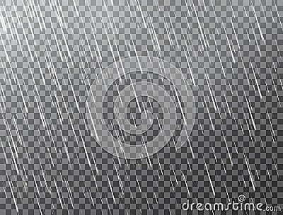 Realistic rain on transparent background. Falling water drops. Rainfall texture. Rain storm. Rainy cloudy backdrop. Vector Vector Illustration