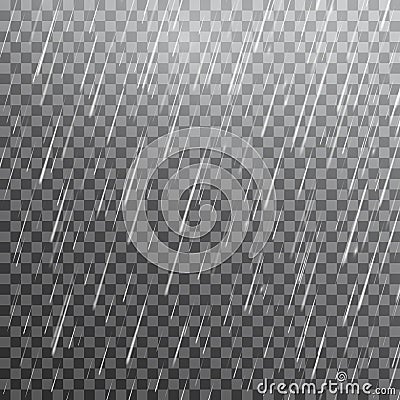 Realistic rain on transparent background. Rainfall texture. Falling water drops. Rain storm. Rainy cloudy backdrop Vector Illustration