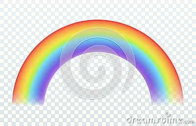 Realistic rainbow. Color arch joyful summer spring sky iridescent lights rain and sun effect isolated on transparent Vector Illustration