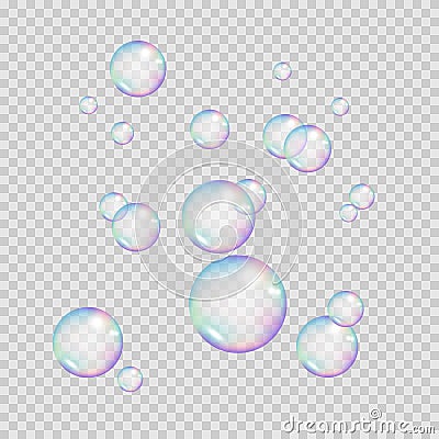 Realistic rainbow color bubbles. Colorful soap bubbles. Vector illustration isolated on transparent background Vector Illustration