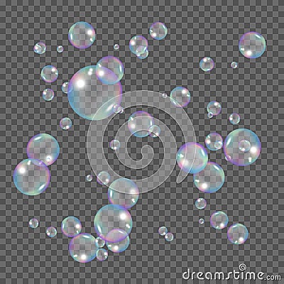 Realistic rainbow color bubbles. Soap bubbles isolated on transparent background. Vector Vector Illustration