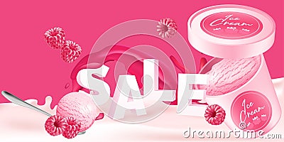 Realistic raspberry ice cream sale banner. Vector illustration of a refreshing summer dessert in a pink bucket. Sweet and tempting Vector Illustration