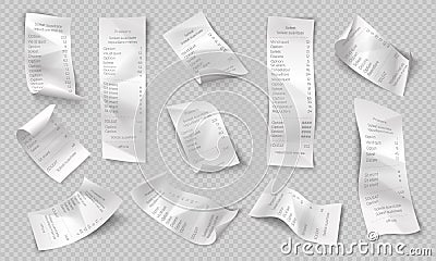 Realistic receipt. Restaurant bill, shop and supermarket paper receipts, purchase invoice. Vector isolated tickets and Vector Illustration