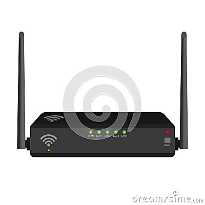 Realistic rectangular wifi router with two antennas on the sides isolated on white. Vector Illustration