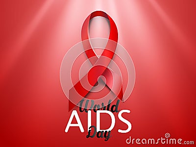 Realistic red AIDS ribbon. World AIDS day concept on red background with light effect. Vector illustration. Stock Photo