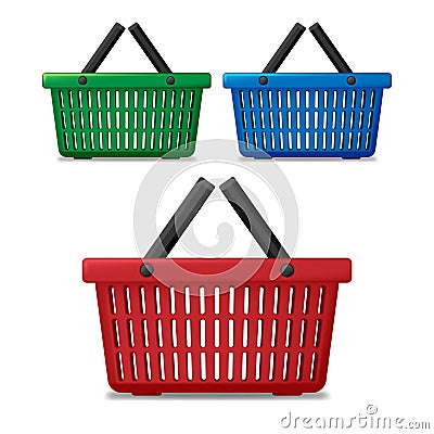 Realistic red, blue and green empty supermarket shopping basket isolated. Basket market cart for sale with handles Vector Illustration