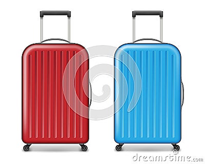 Realistic red and blue large travel plastic suitcase. polycarbonate suitcase with wheels isolated on white. Traveler Vector Illustration