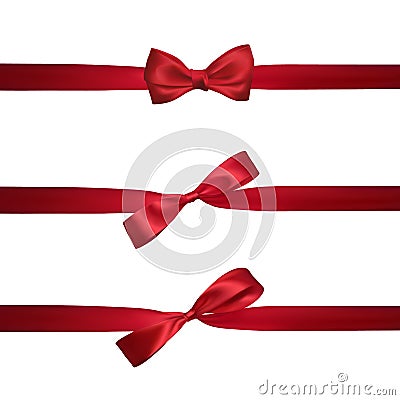 Realistic red bow with horizontal red ribbons isolated on white. Element for decoration gifts, greetings, holidays. Vector Vector Illustration