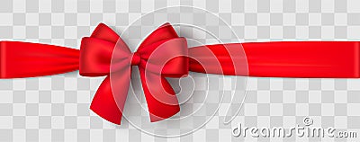 Realistic red bow and ribbon. Christmas shiny red satin ribbon. New year gift. Decorative red satin ribbon and bow with shadow on Stock Photo