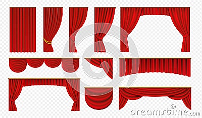 Realistic red curtains. Theater stage drapery, luxury wedding cover decoration, theatrical borders. Vector opera silk Vector Illustration