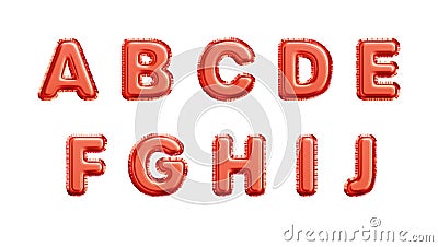 Realistic red gold metallic foil balloons alphabet isolated on white background. A B C D E F G H I J letters of the Vector Illustration