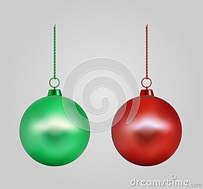 Realistic red and green Christmas ball. New year toy Vector Illustration