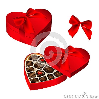 Realistic red heart shaped box of chocolates, tied with ribbon and bow Cartoon Illustration