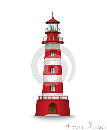 Realistic red lighthouse building isolated on white background. Vector illustration Vector Illustration