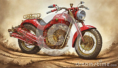 Realistic Red Motorcycle On Dirt Road - Meticulous Photorealistic Art Stock Photo